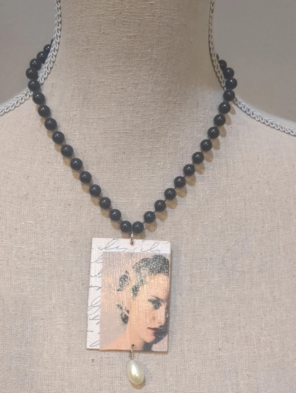 Black Beaded Portrait Pendant Necklace